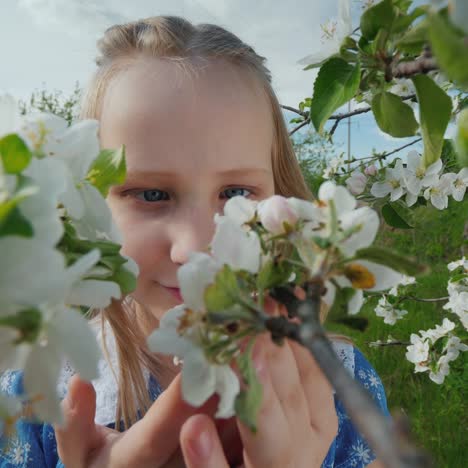 a child admires the flowers on a blossoming apple tree