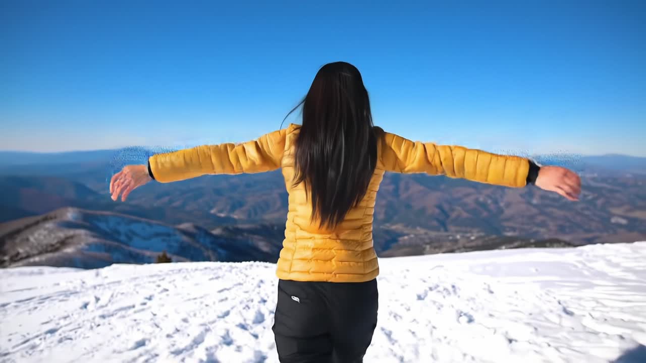 Woman Enjoying Winter Scenery With Arms Wide Open on Snowy Mountain Peak