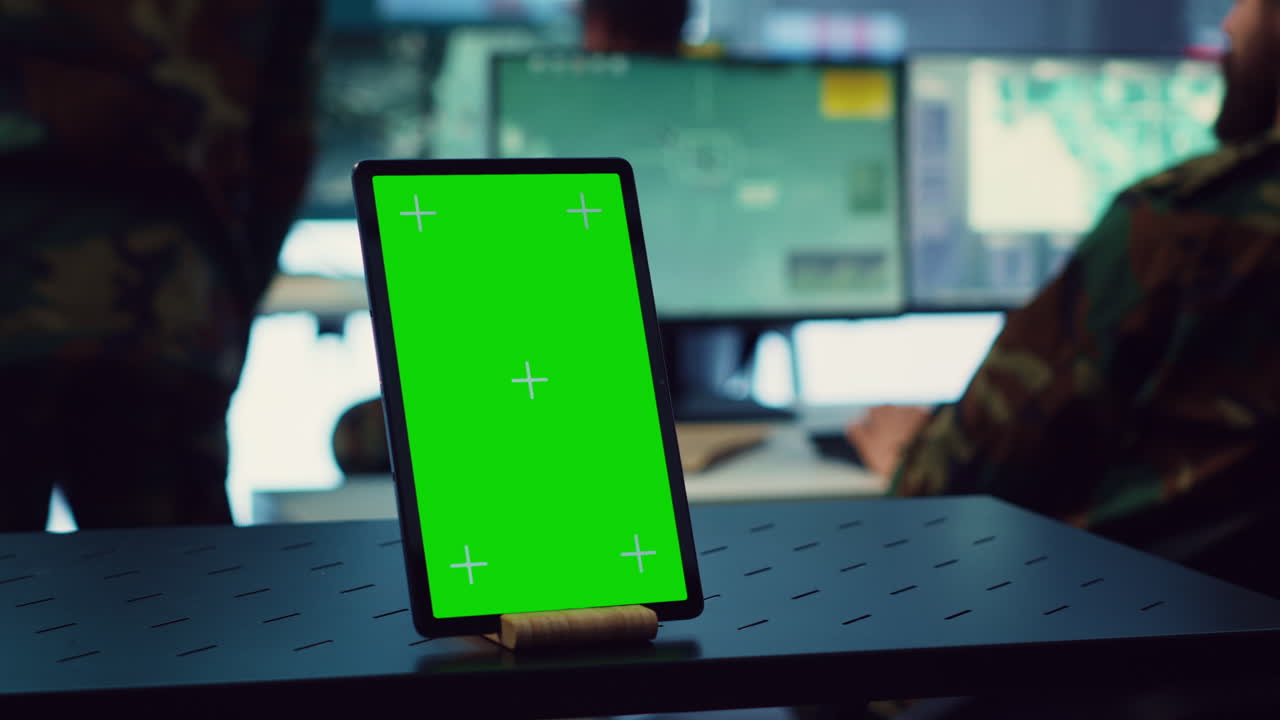 General headquarters monitoring room with a mockup screen on tablet
