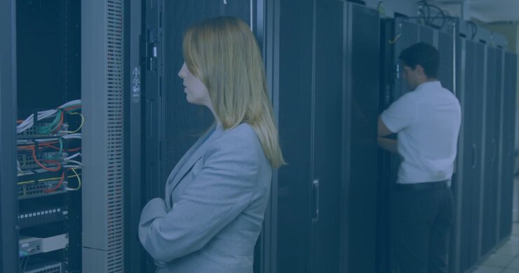 Animation of shapes over diverse workers inspecting server room