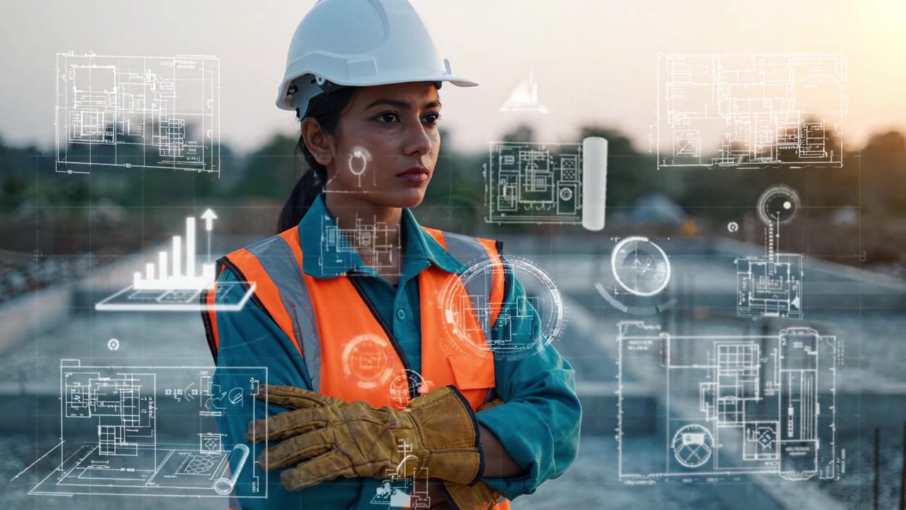 A Female Construction Worker Evaluates Project Plans and Designs at a Construction Site, Wearing a Safety Helmet and Orange Vest Underneath a Sunset Sky