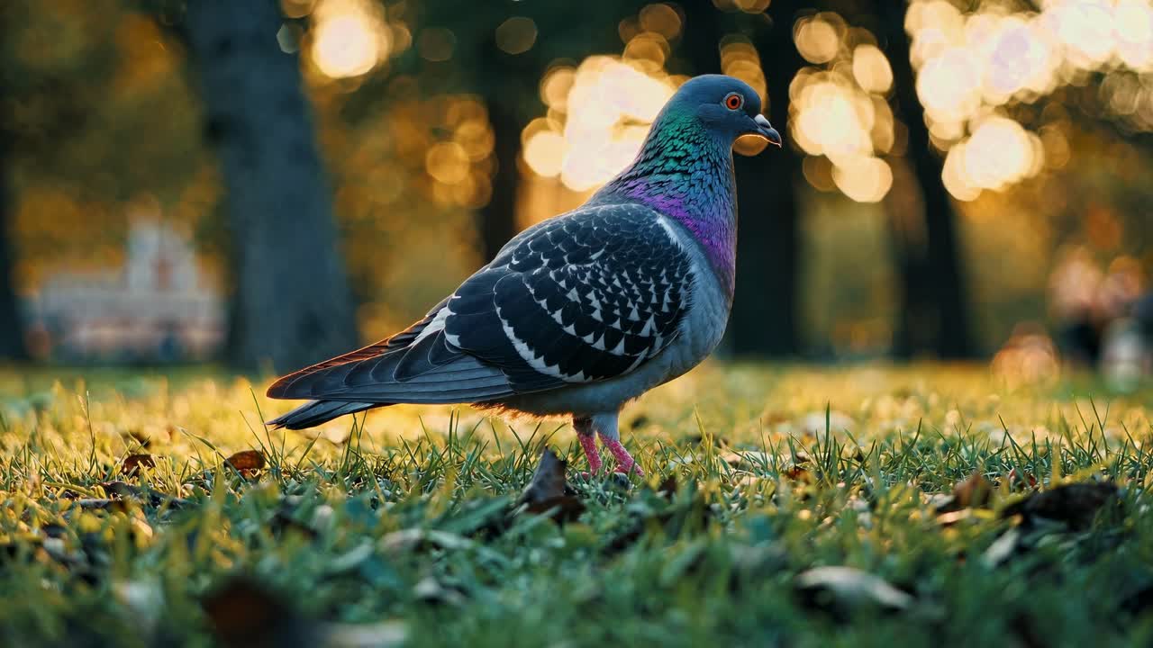 Low-angle video shot of a pigeon walking on grass in a park at sunset, with a bokeh effect