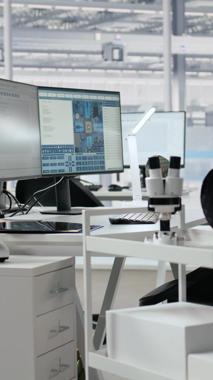 Vertical video Microchip production engineering office with monitors