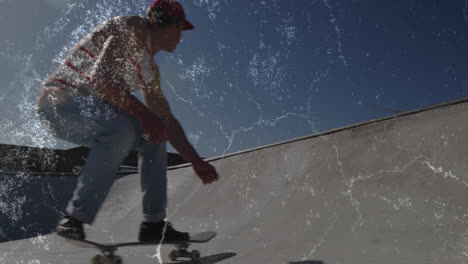 skateboarder carving in skatepark bowl, overlaying animated tech speed graphs and motion lines