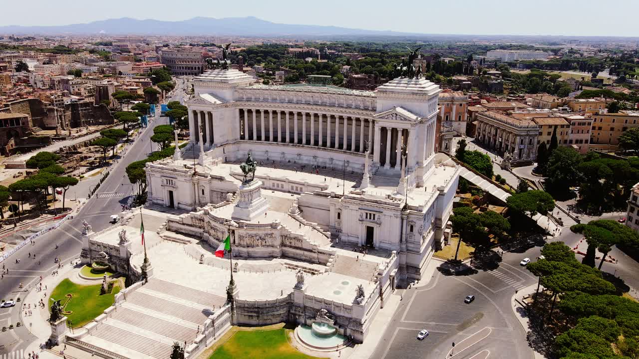 Italian flag waves over Rome Vittoriano monument drone, symbol of defense hope