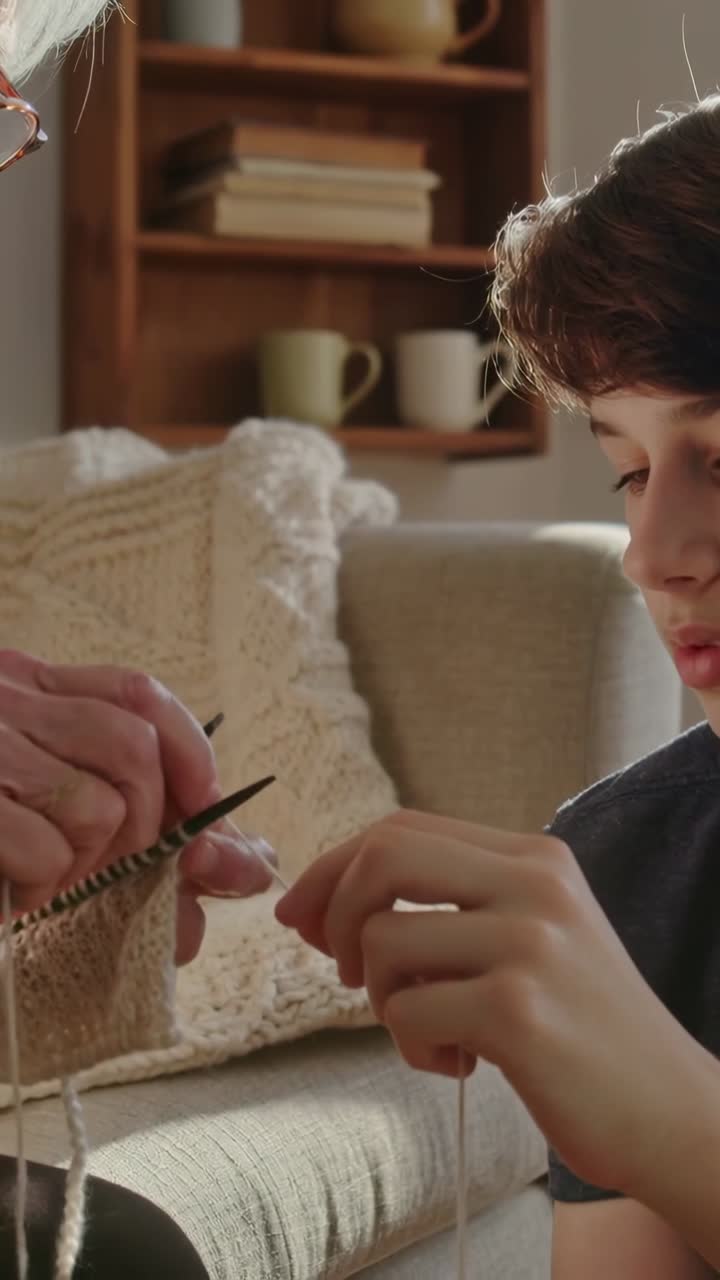 Vertical video: Showing yarn loop with needles, grandmother guiding grandson's knitting at home