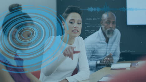 using animation, business team analyzing data with digital interface in meeting room