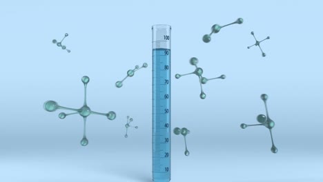 Animación-De-Líquido-Azul-Lleno-De-Tubo-De-Ensayo-Y-Nucleótidos-Flotantes-Sobre-Fondo-Azul