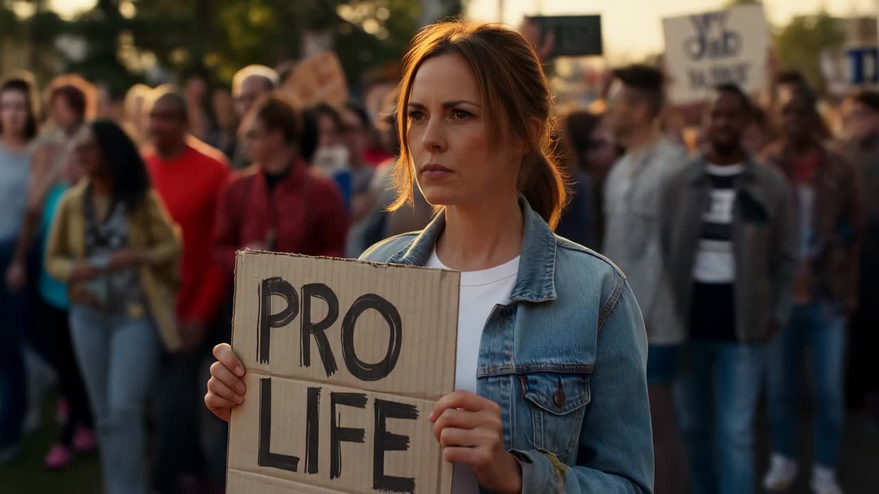 Folla che si raduna con donna che espone un cartello PRO LIFE durante una manifestazione e indossa una giacca di jeans
