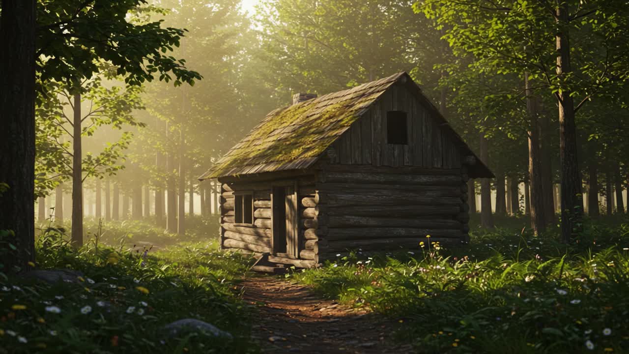 Serene Log Cabin Nestled in a Sunlit Forest, Surrounded by Lush Greenery and Gentle Sunbeams, Evoking a Tranquil Atmosphere of Nature's Beauty