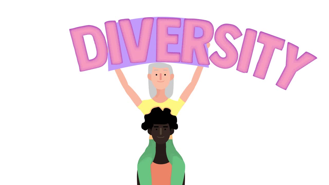 Diverse couple with banner on white background, 2d animation