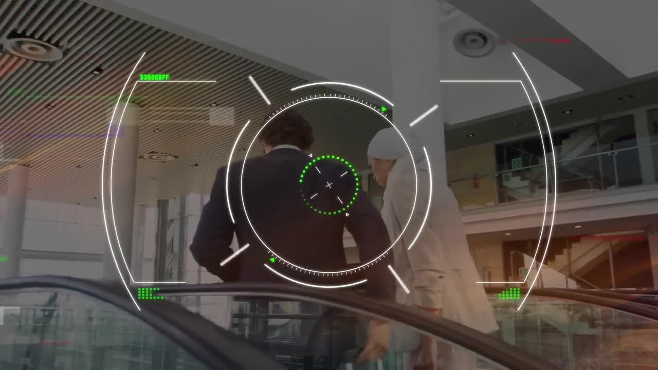 Animation of scope scanning over diverse businessman and businesswoman using escalator at office