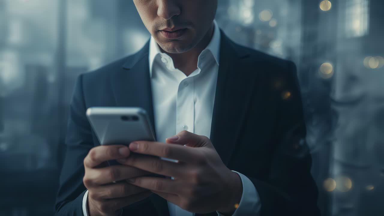 Uomo che scorre lo schermo del telefono in abito scuro che usa lo smartphone in ufficio, controllando i messaggi di lavoro con l'orologio