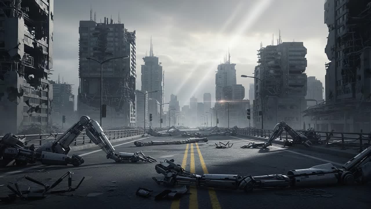 A desolate cityscape emerges in the aftermath of a technological apocalypse, showcasing ruined skyscrapers and robotic remnants on a deserted urban roadway beneath a dramatic sky.