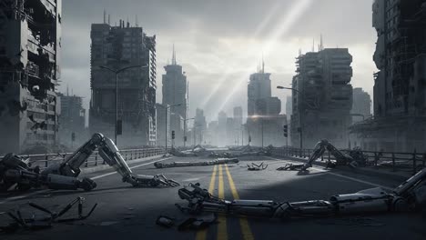 a desolate cityscape emerges in the aftermath of a technological apocalypse, showcasing ruined skyscrapers and robotic remnants on a deserted urban roadway beneath a dramatic sky.