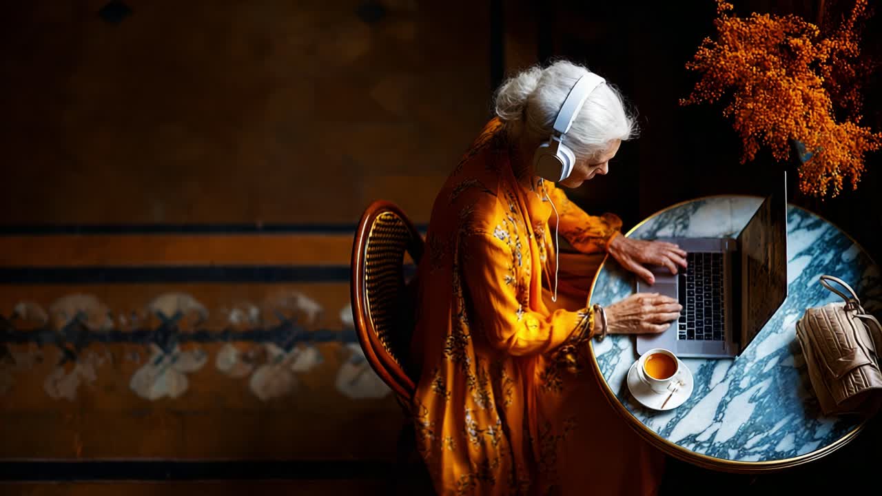 An elegant elderly woman in a vibrant yellow dress is focused on her laptop, showcasing a serene moment of digital engagement and creativity, surrounded by a beautiful floral arrangement