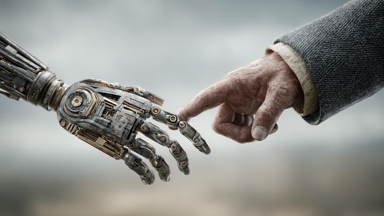 A Profound Connection Between Human and Machine: The Moment of Touch Between an Intricately Designed Robotic Hand and a Weathered Human Hand Captured in Time