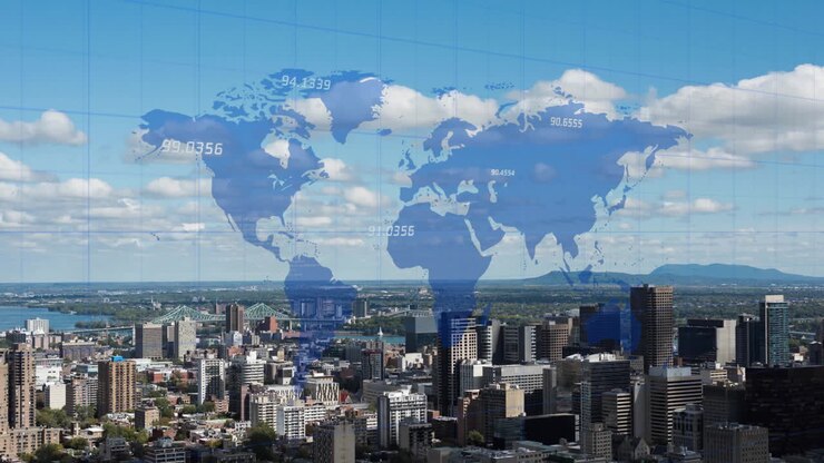 Animation of world map and financial data processing over buildings