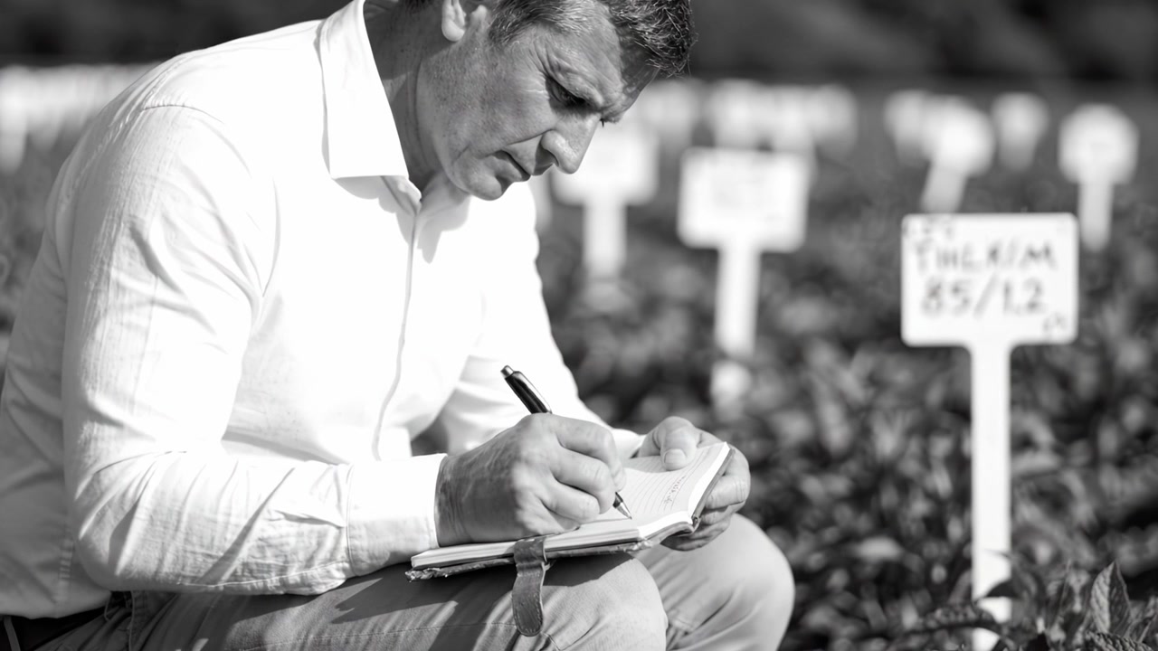 A man in a white shirt is intently writing in a notebook while kneeling in a field surrounded by plant identification markers during a cultivation observation.