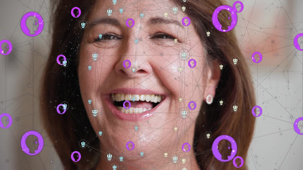 Senior woman smiling, laughing, face motion driving profile dots and bot icons for health tracking