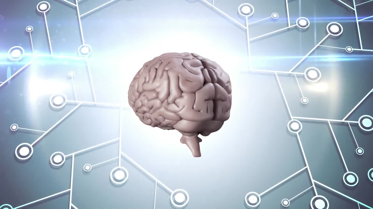 Animation of human brain spinning with microprocessor connections