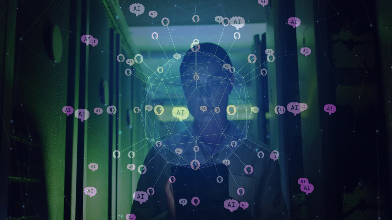 animación del globo con conexiones y íconos ai sobre mujer caucásica por servidores de computadora