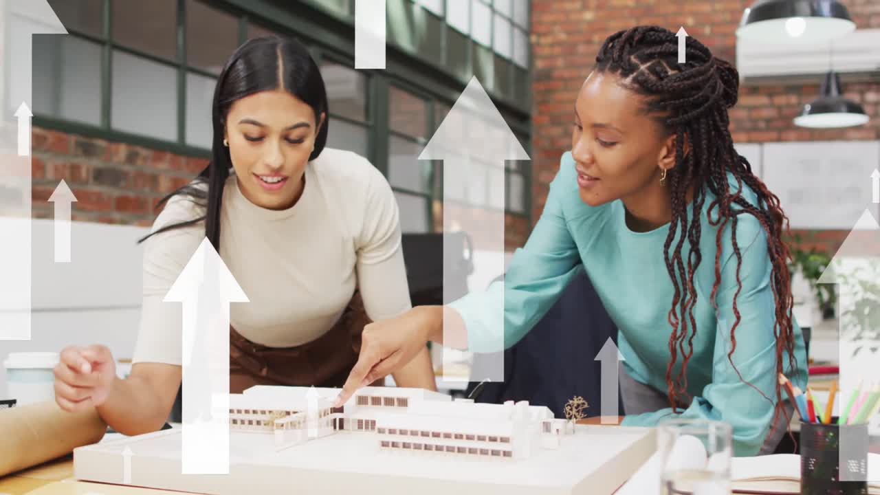 Animation of arrows over diverse business people in office