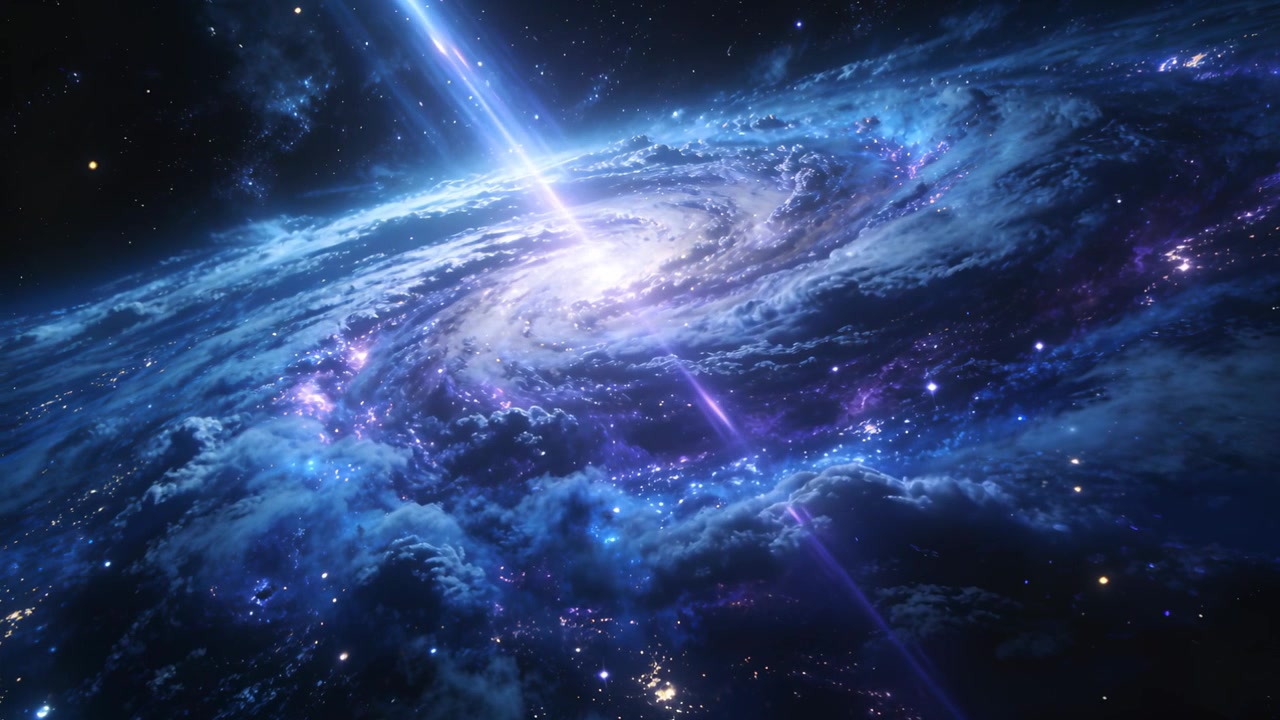 Brightening spiral galaxy core launching narrow blue jet in deep space view, with glowing knots