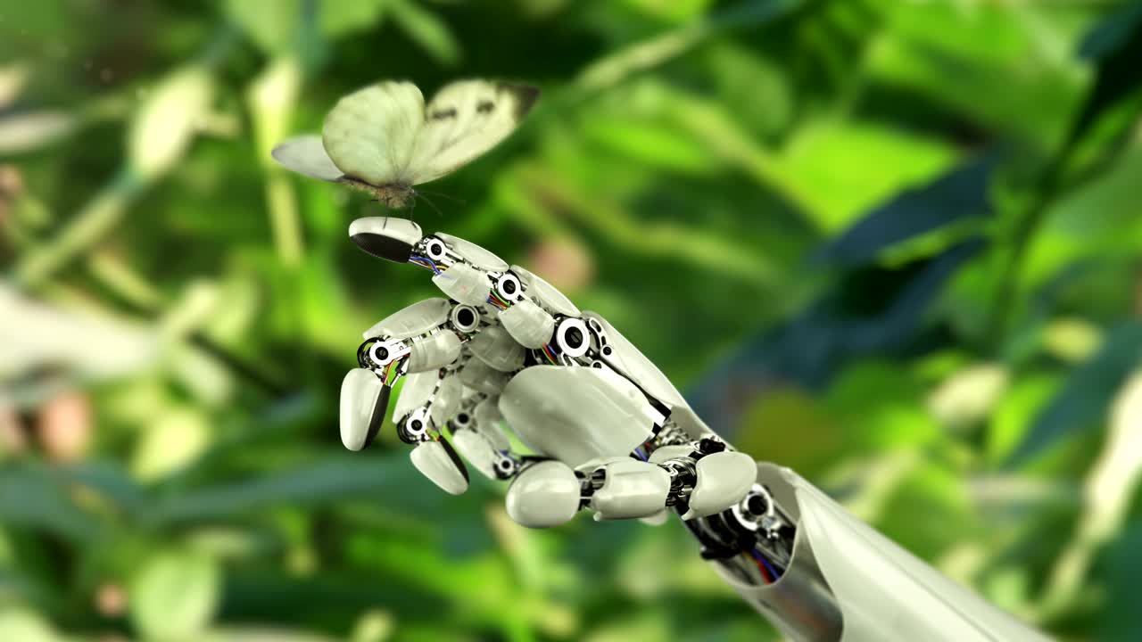 la mariposa de repollo aterriza en la mano del robot