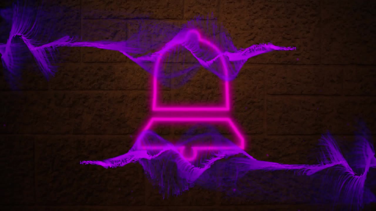 Animazione digitale di onde digitali viola sopra icona della campanella di notifica rosa al neon su sfondo di muro di mattoni