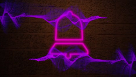 Digitale-Animation-Violetter-Digitaler-Wellen-über-Neonpinkfarbenem-Benachrichtigungsglockensymbol-An-Einer-Ziegelwand