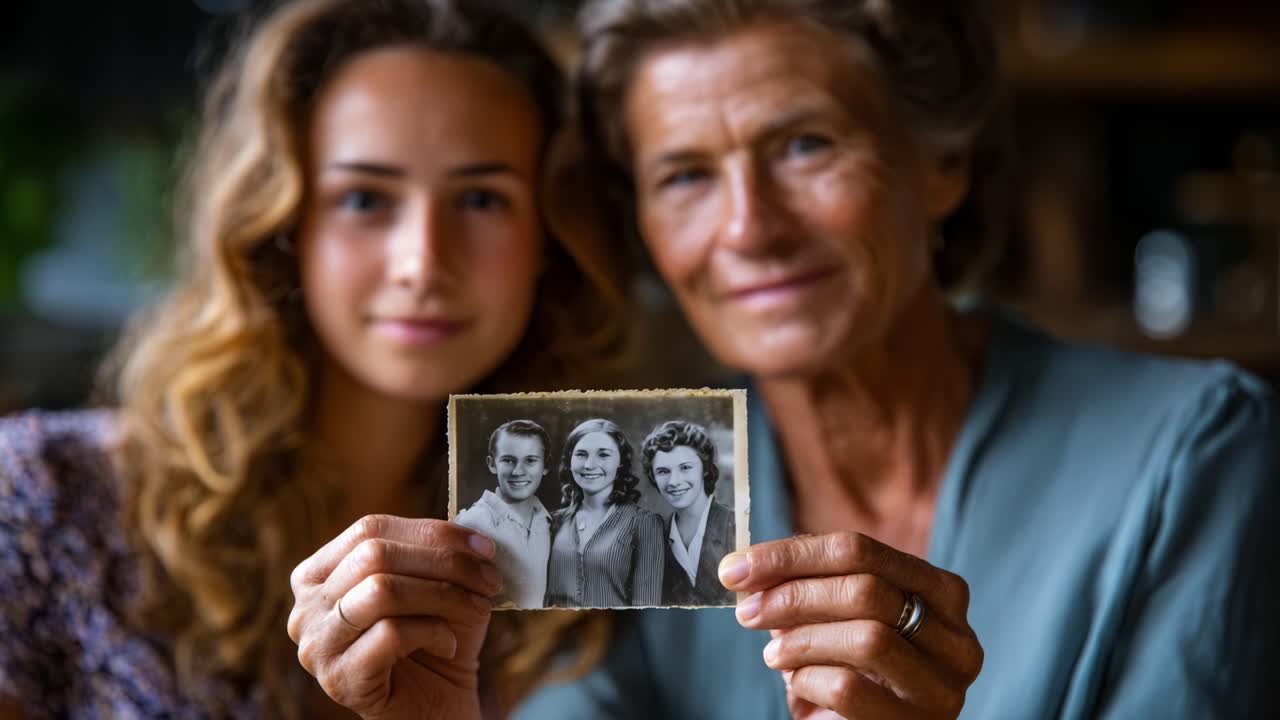 Generaciones Unidas: Un momento conmovedor capturado con una fotografía vintage que conecta el pasado y el presente en una emocionante narrativa familiar.