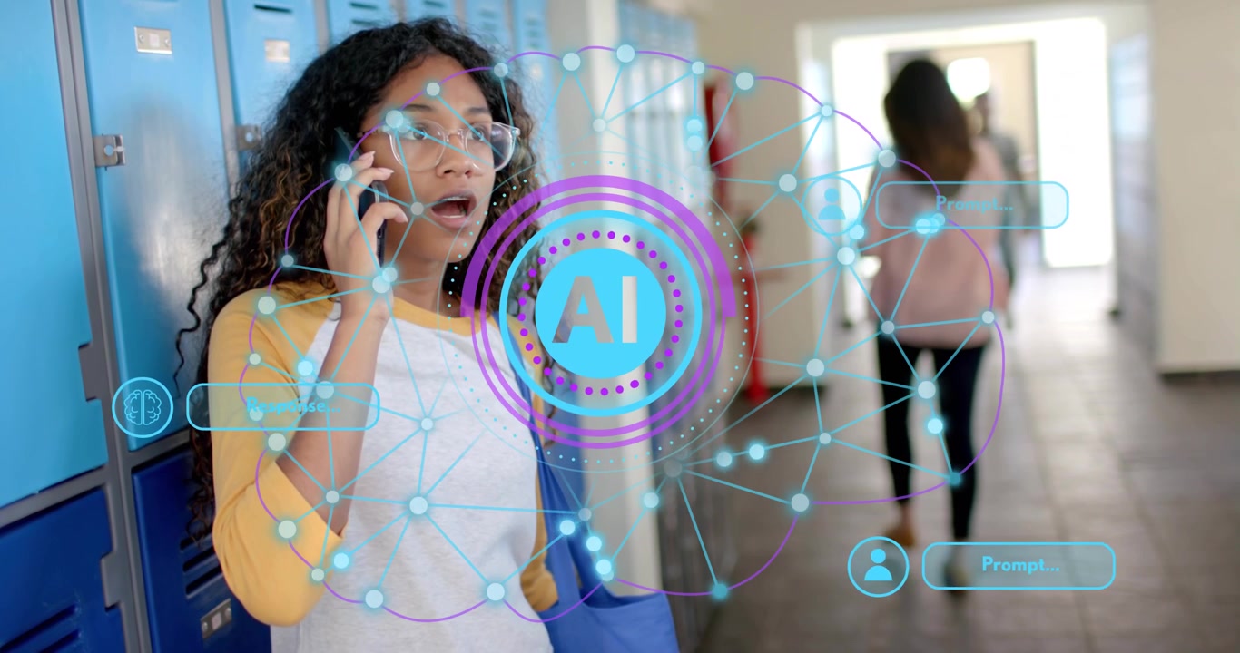 Student holding smartphone to ear initiating education AI overlay while analyzing prompt responses