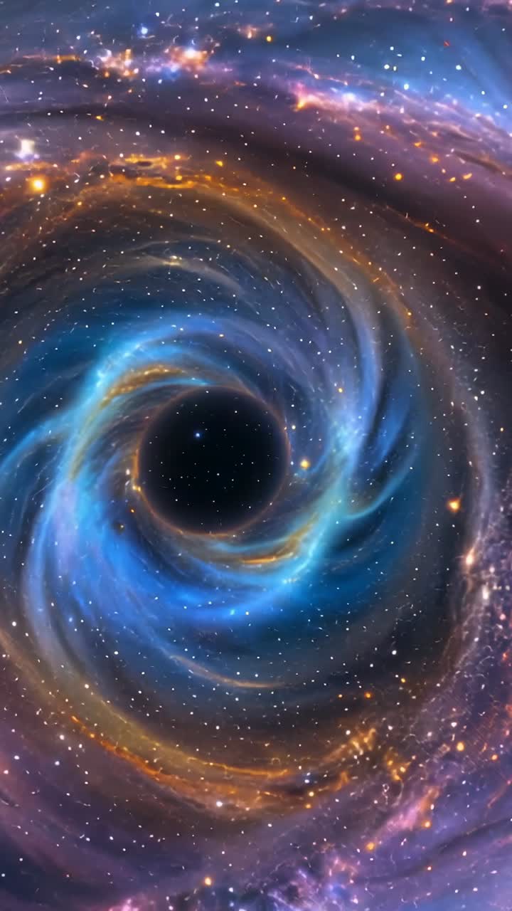 Vertical video: Zooming camera toward glowing vortex in space, revealing swirling gas and dark core