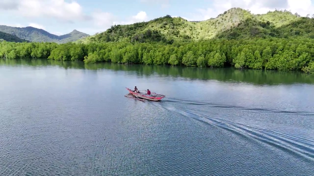 Una piccola barca da pesca si muove lentamente attraverso acque calme e riflettenti mentre il drone orbita sopra, rivelando una lussureggiante costa di mangrovie e uno sfondo montuoso a Palawan, Filippine