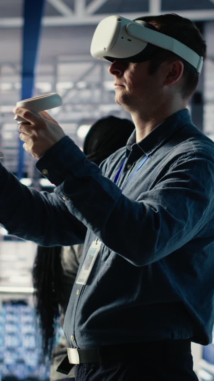 Vertical Video Programmer In Server Room Wearing Vr Headset Optimizing Deep Learning Systems