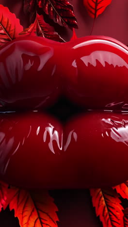 a red lip gloss is shown on a red background with red leaves and cherries. the lip gloss is shiny and looks like a real lip