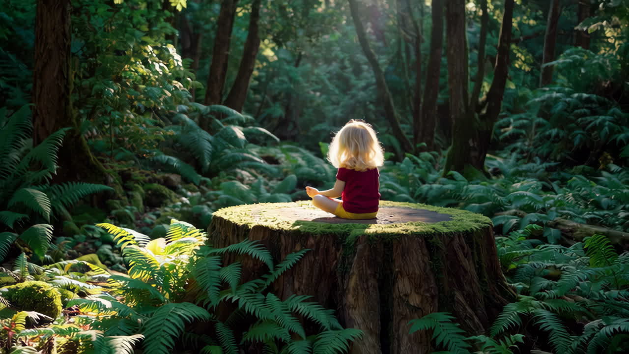 Child meditating on a mossy tree stump in a sunlit forest
