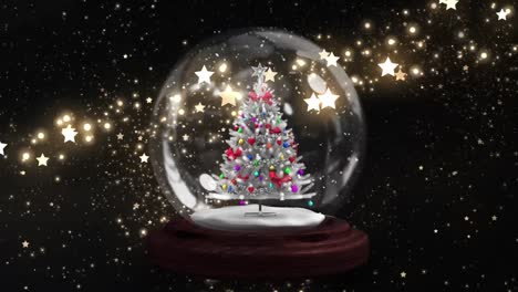 Animation-of-snow-globe-with-christmas-tree-over-glowing-lights-on-black-background