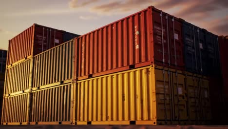 a vibrant display of shipping containers stacked at sunset, showcasing diverse colors and industrial design in a stunning urban landscape