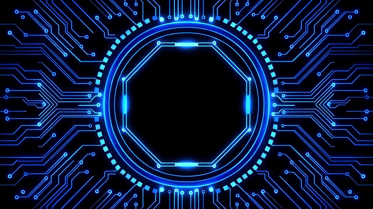 Animated Digital Circuit Board with Glowing Blue Lines and Octagonal Core