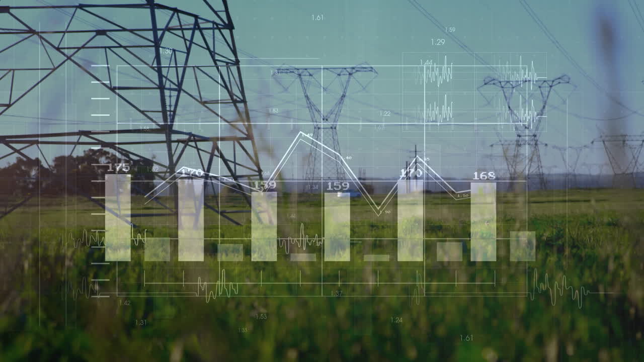 Power lines in field with data charts and graphs overlay animation