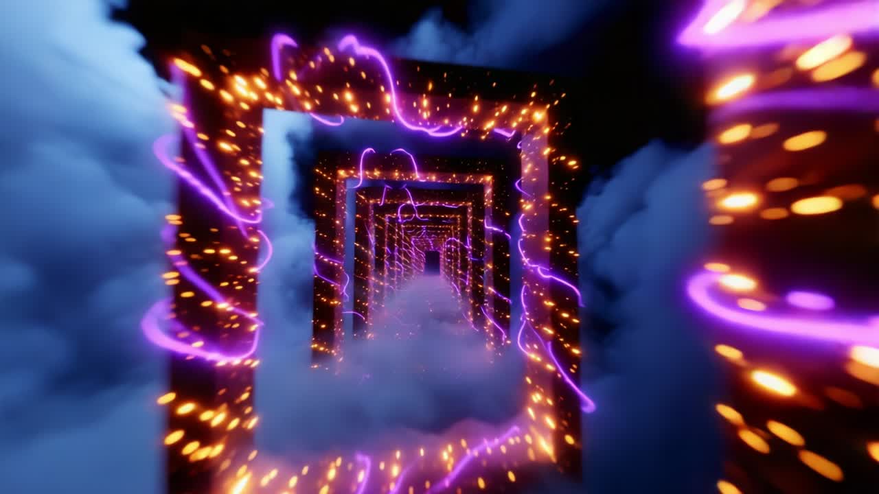 A mesmerizing journey through a vibrant digital tunnel filled with swirling purple light trails and glowing particles, inviting viewers into an ethereal, dreamlike dimension of endless possibilities