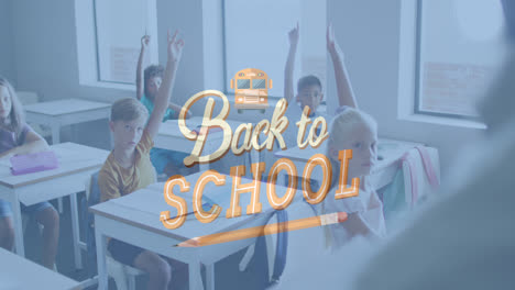 animation of back to school text and school bus icon over diverse teacher and schoolchildren