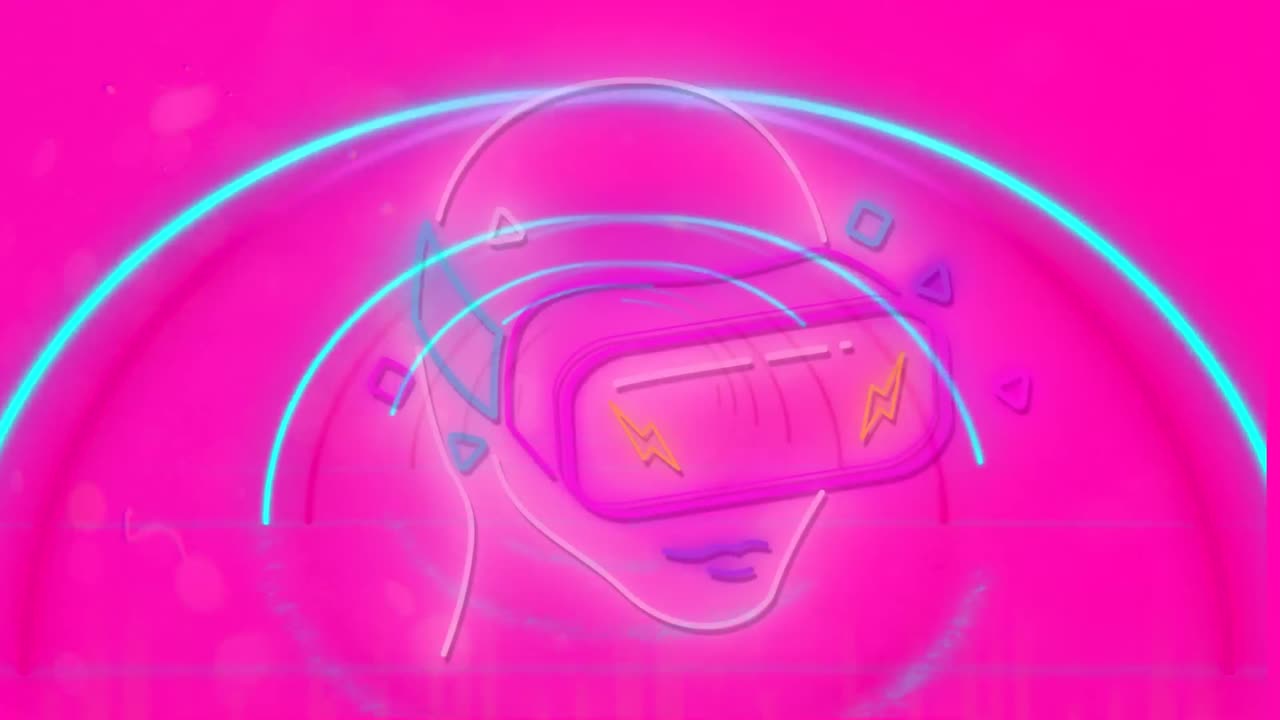 persona que usa el icono del auricular vr contra un túnel brillante en un fondo rosa