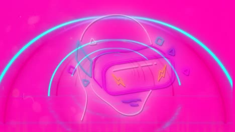 Persona-Que-Lleva-Un-Icono-De-Auricular-Vr-Contra-Un-Túnel-Brillante-Sobre-Fondo-Rosa