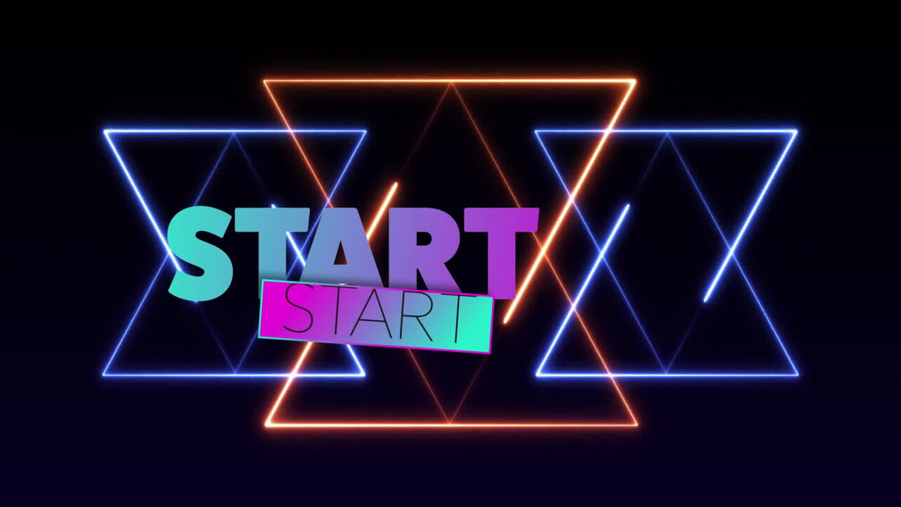 Neon geometric shapes with colorful START text animation on dark background