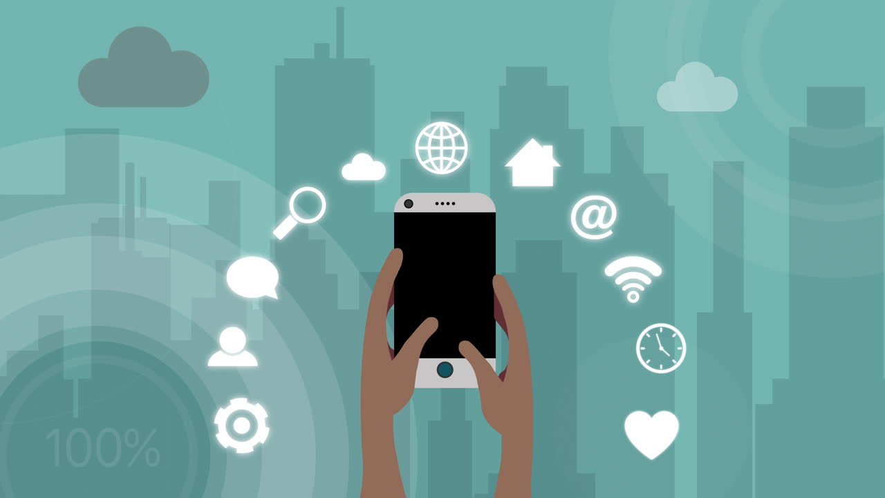Smartphone e icone di app con paesaggio urbano