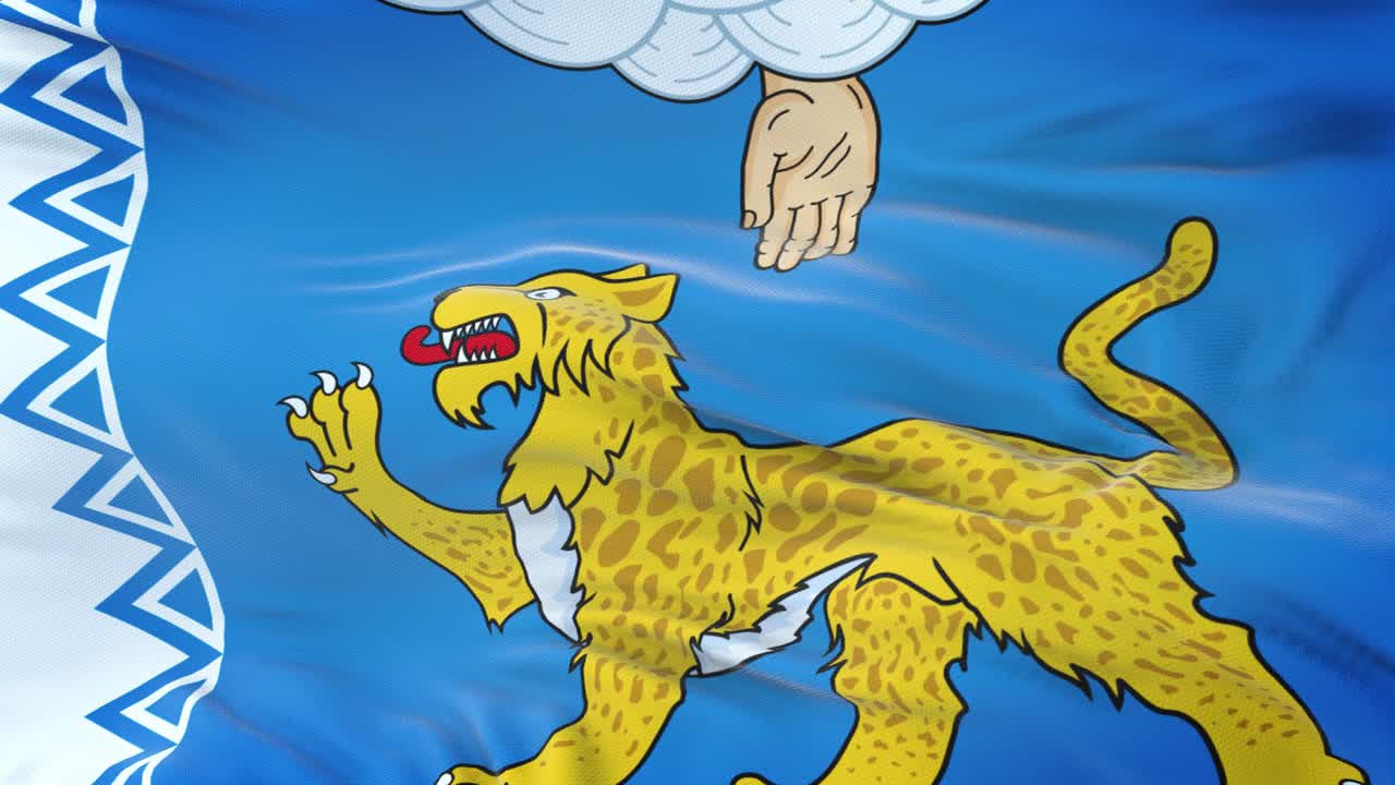 Pskov oblast (Federal subject of Russia) flag waving in the wind with highly detailed fabric texture. Seamless loop