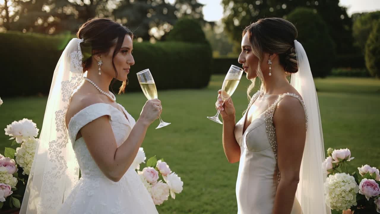 Meeting eyes brides in gowns raising flutes clinking, sipping, toasting in garden blooms